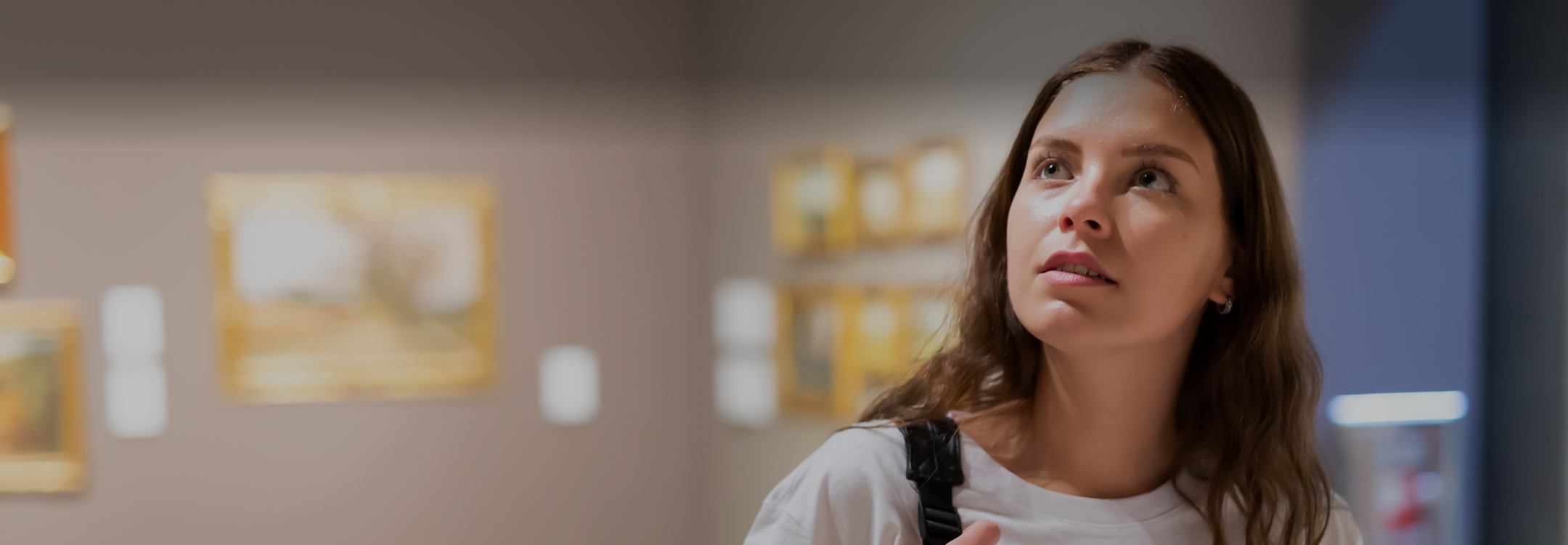 A person looking at paintings in an arts centre.