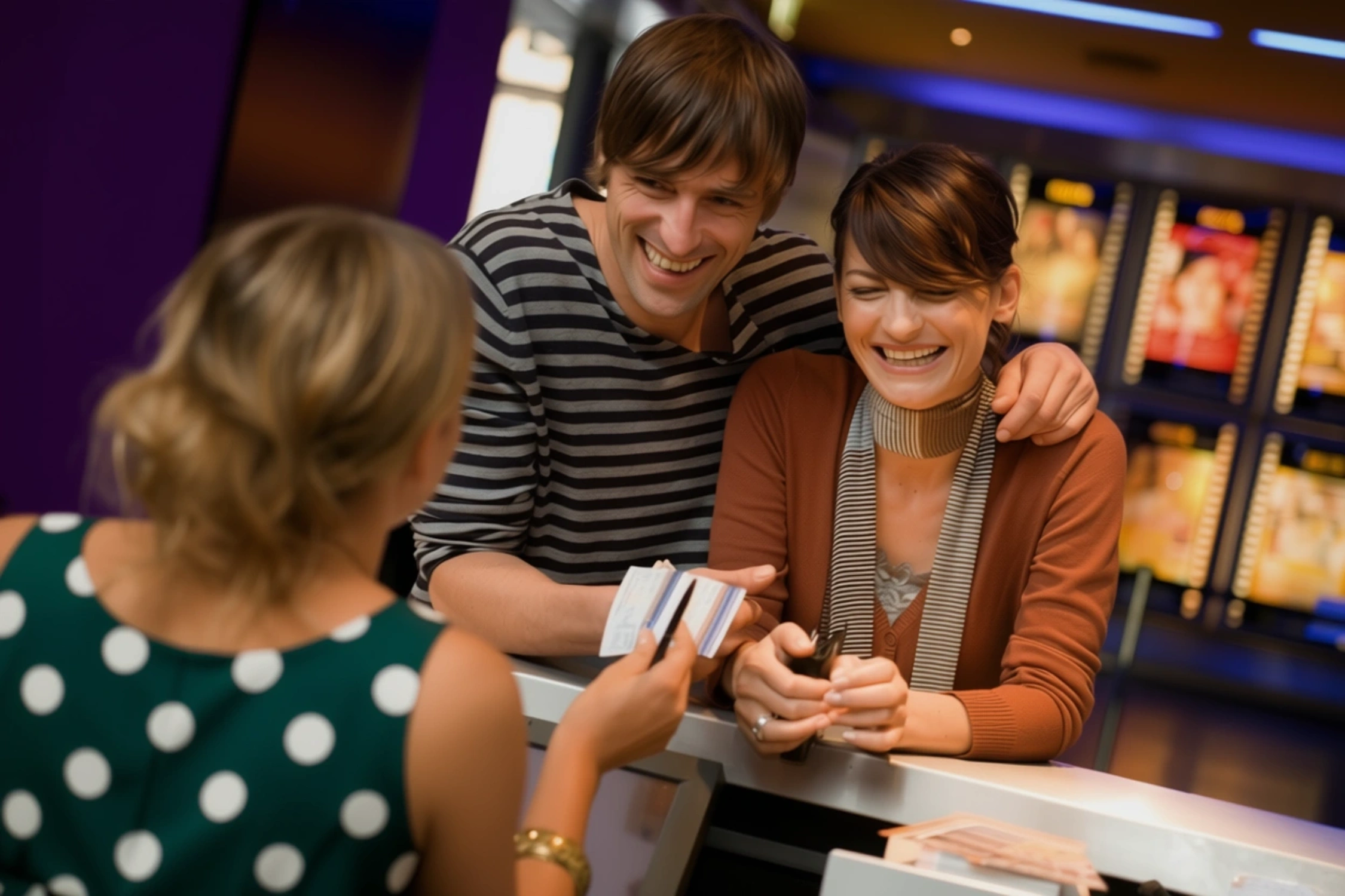 a couple buys tickets at the box office counter